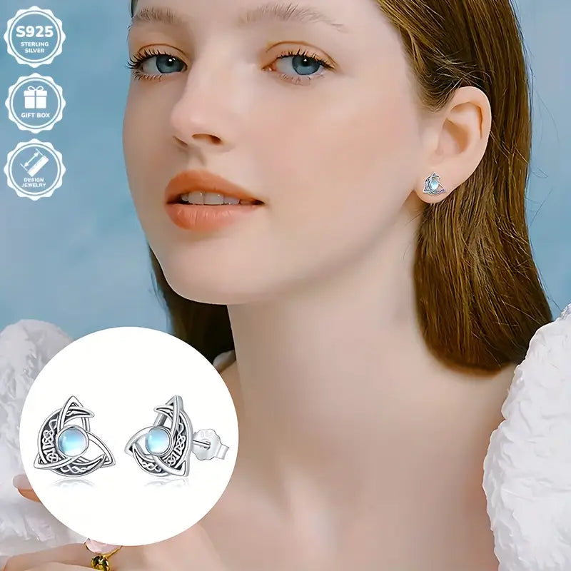 Sterling Silver Large Celtic Knot Crescent Moon Moonstone Stud Earrings