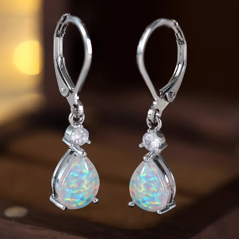 Sterling Silver Teardrop Opal Drop Earrings