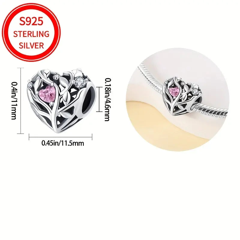 Sterling Silver Love Vine Cubic Zirconia Heart Bead Charm