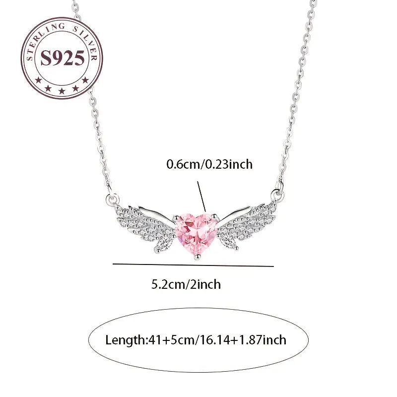 Sterling Silver Angel Wings Pink Cubic Zirconia Heart Necklace