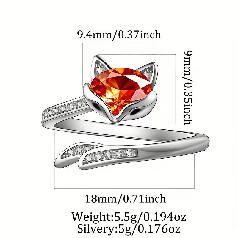 Sterling Silver Fox Red/Orange Cubic Zirconia Ring Adjustable O-U