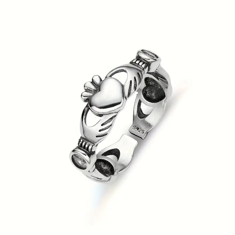 Sterling Silver Claddagh White Cubic Zirconia Heart Ring Adjustable P-T