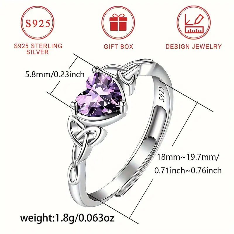 Sterling Silver Celtic Knot Light Blue Cubic Zirconia Heart Ring (Adjustable)