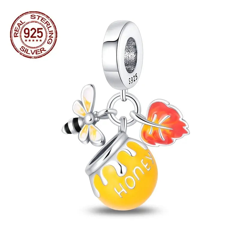 Sterling Silver Honey Bee, Honey Pot & Maple Leaf Bead Charm