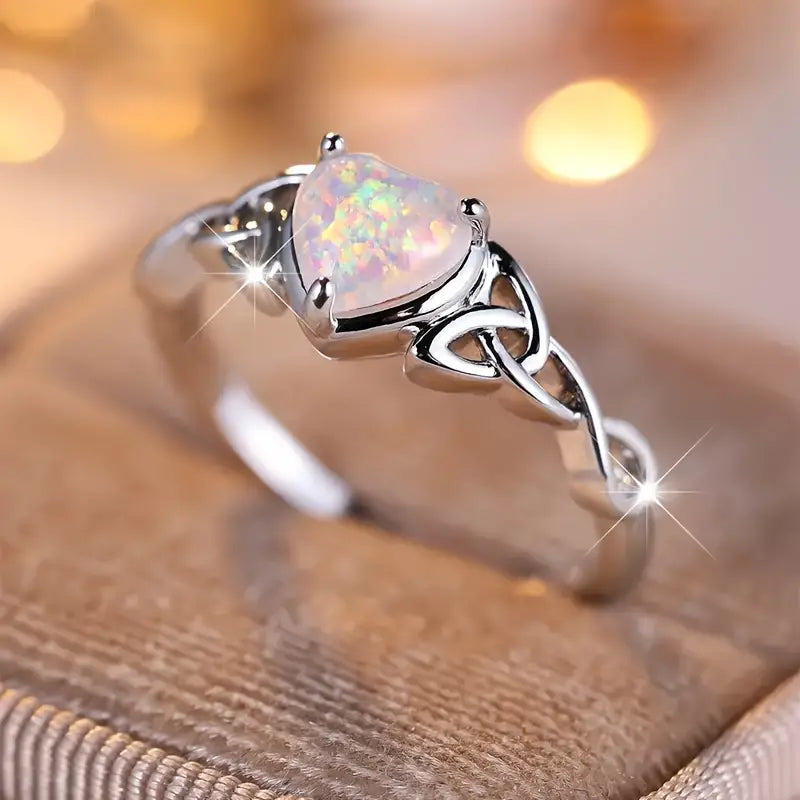 Sterling Silver Celtic Knot Opal Heart Ring Size L, L 1/2, N, P or R 1/2