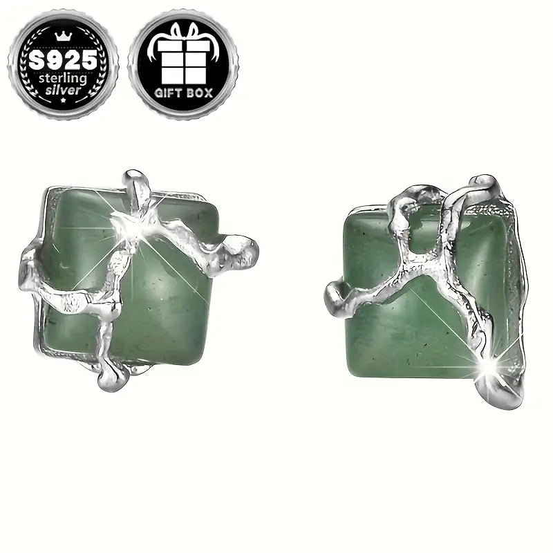Sterling Silver Square Synthetic Jade Stud Earrings