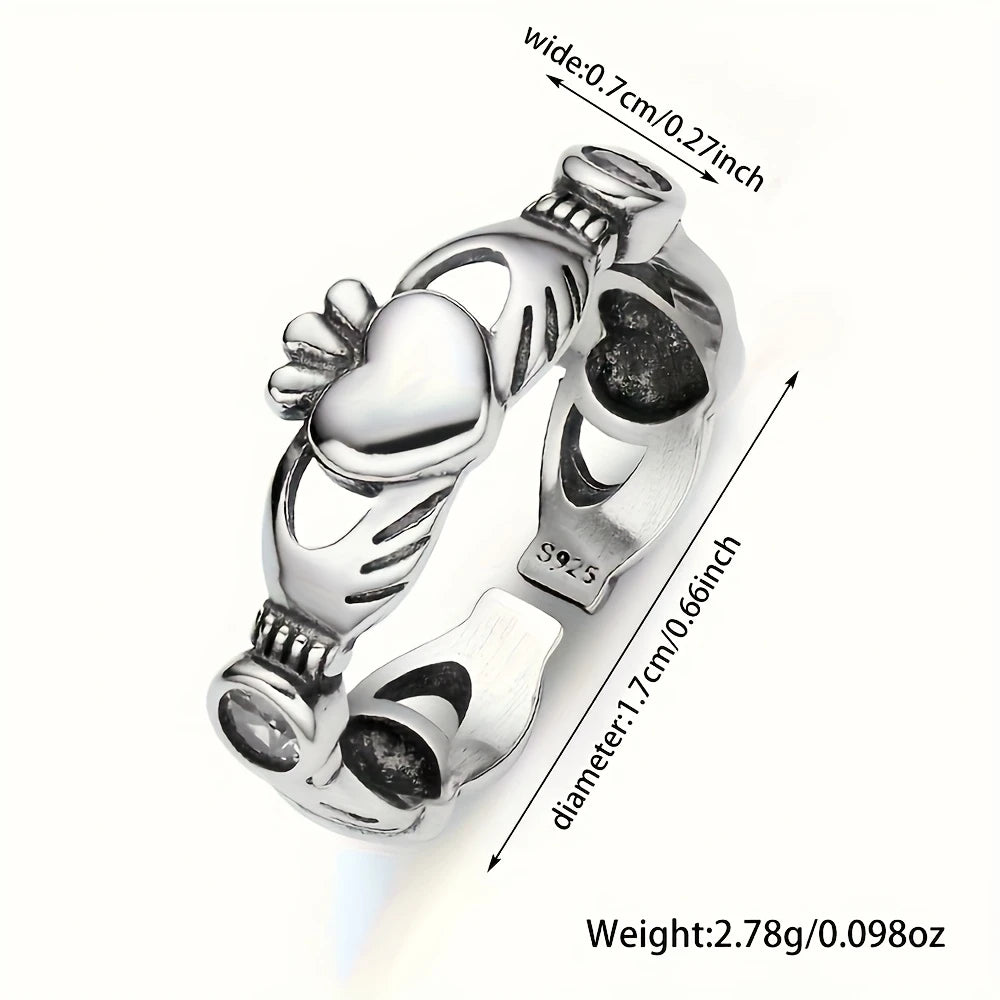 Sterling Silver Claddagh White Cubic Zirconia Heart Ring Adjustable P-T