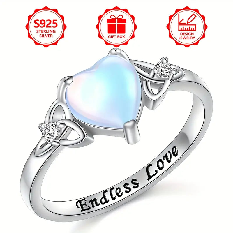 Sterling Silver Celtic Knot Moonstone Heart Ring size P