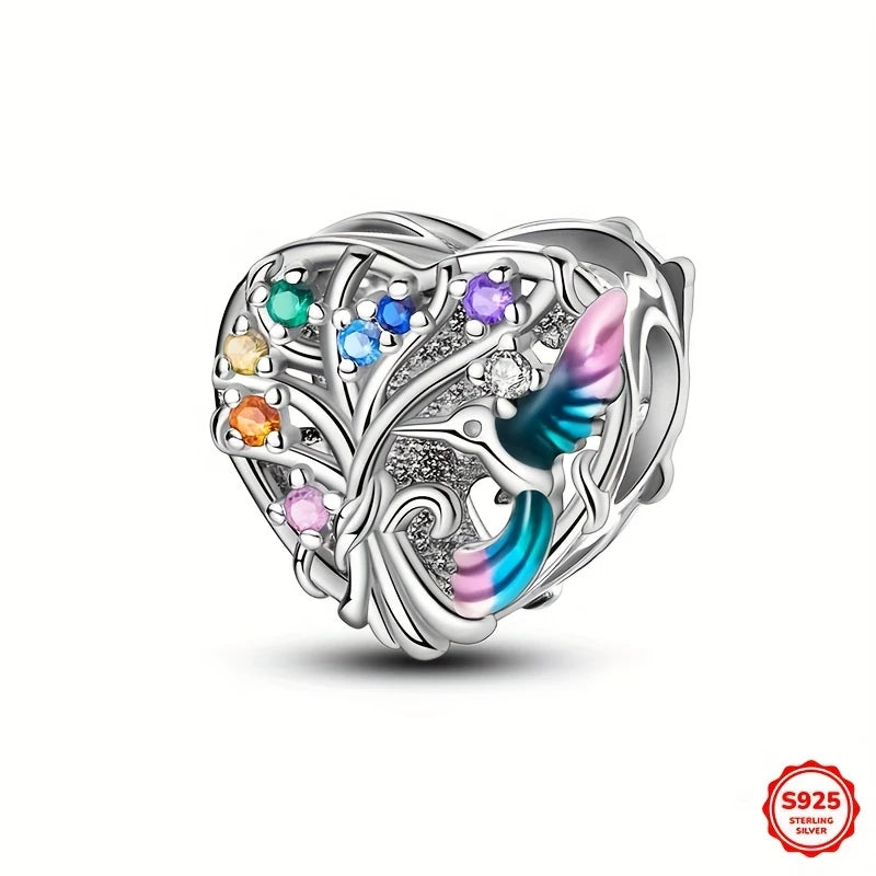 Sterling Silver Hummingbird Multi Coloured Cubic Zirconia Heart Bead Charm