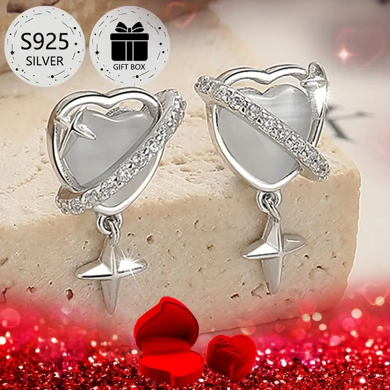 Sterling Silver Heart Star Cubic Zirconia Stud Earrings