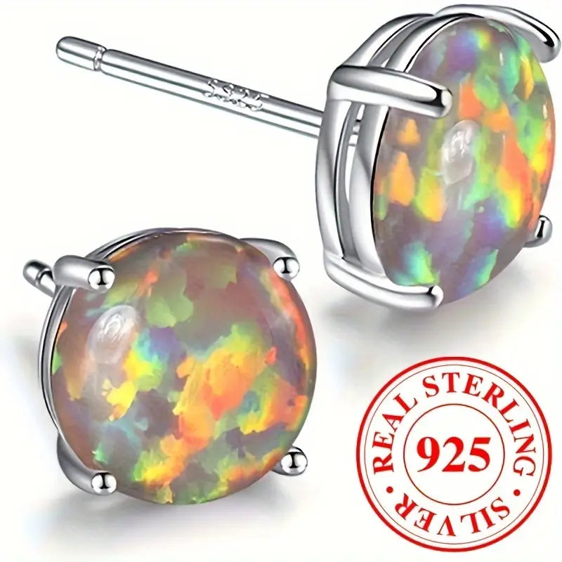 Sterling Silver Round Orange Opal Stud Earrings