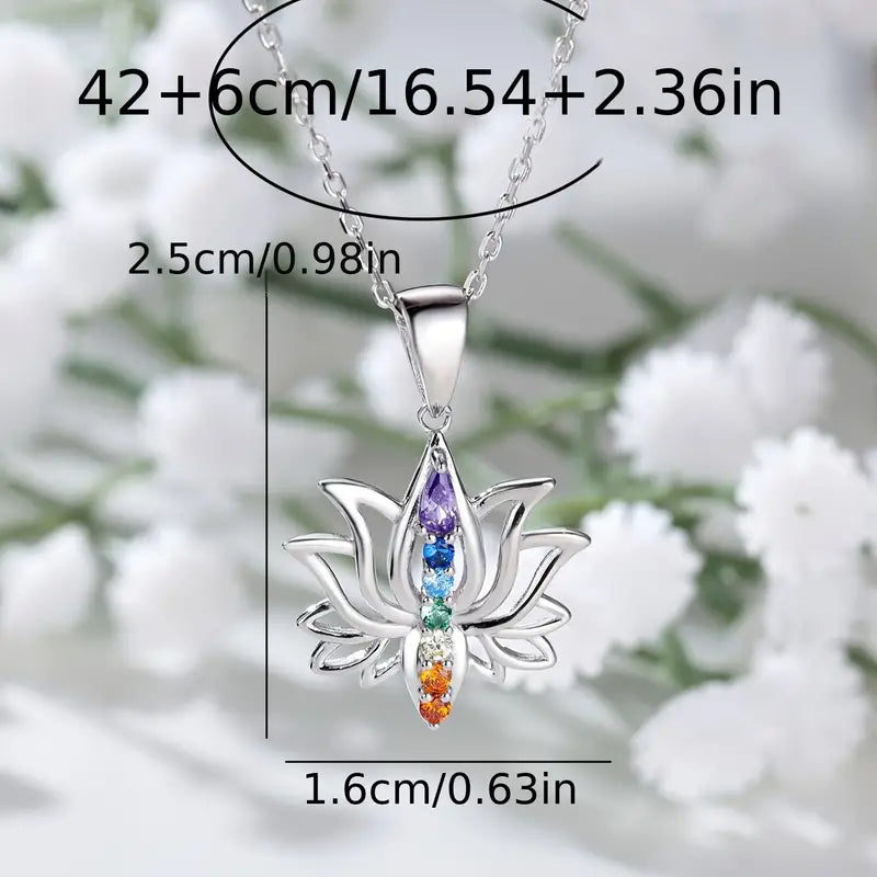 Sterling Silver Lotus Flower Chakra Cubic Zirconia Pendant & Chain