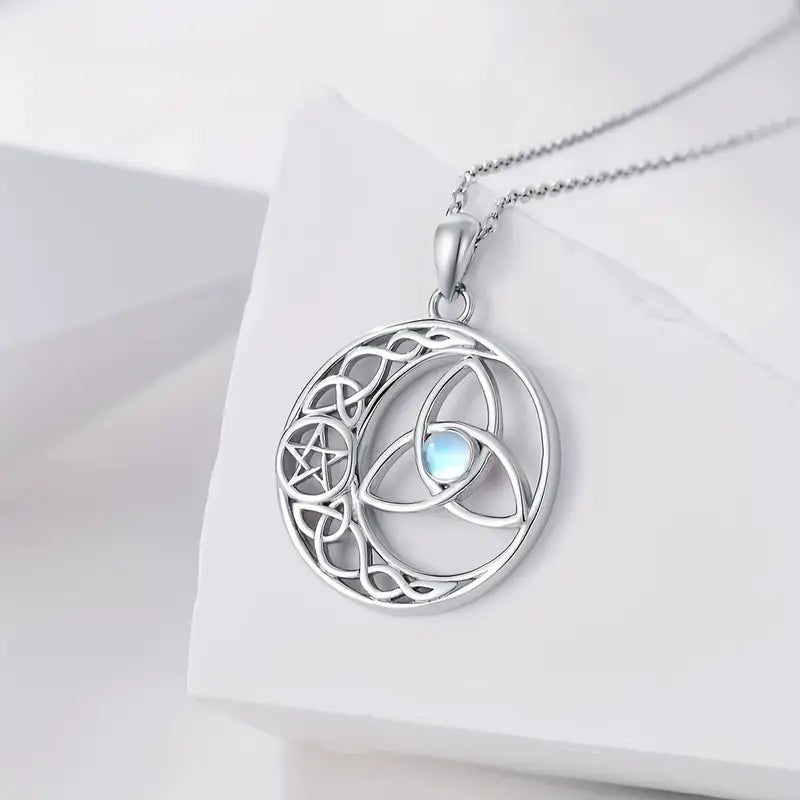 Sterling Silver Celtic Symbols Moonstone Pendant & Chain