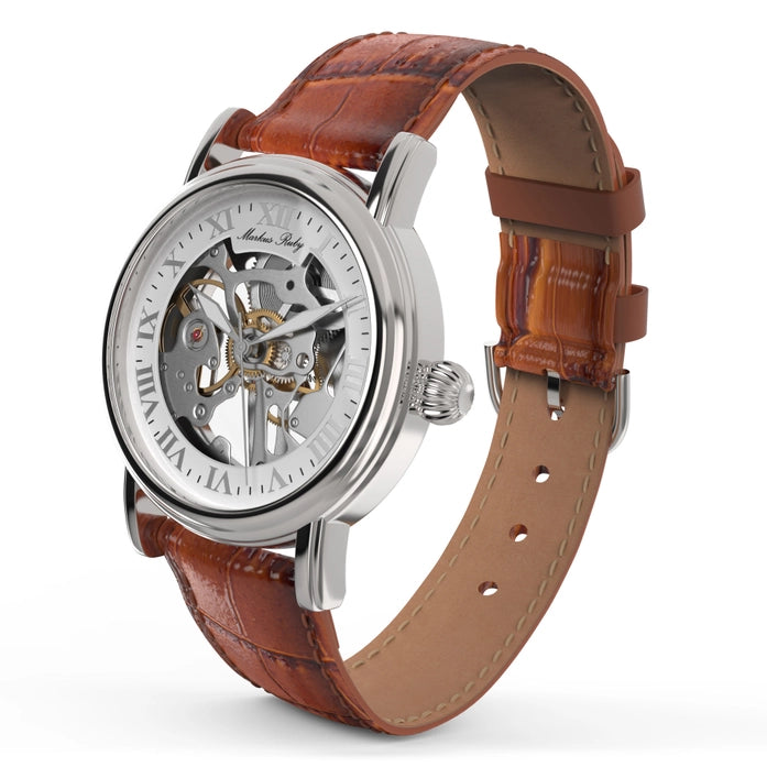 Markus Ruby Mechanical Men's Skeleton Wrist Watch (Brown Leather Strap)