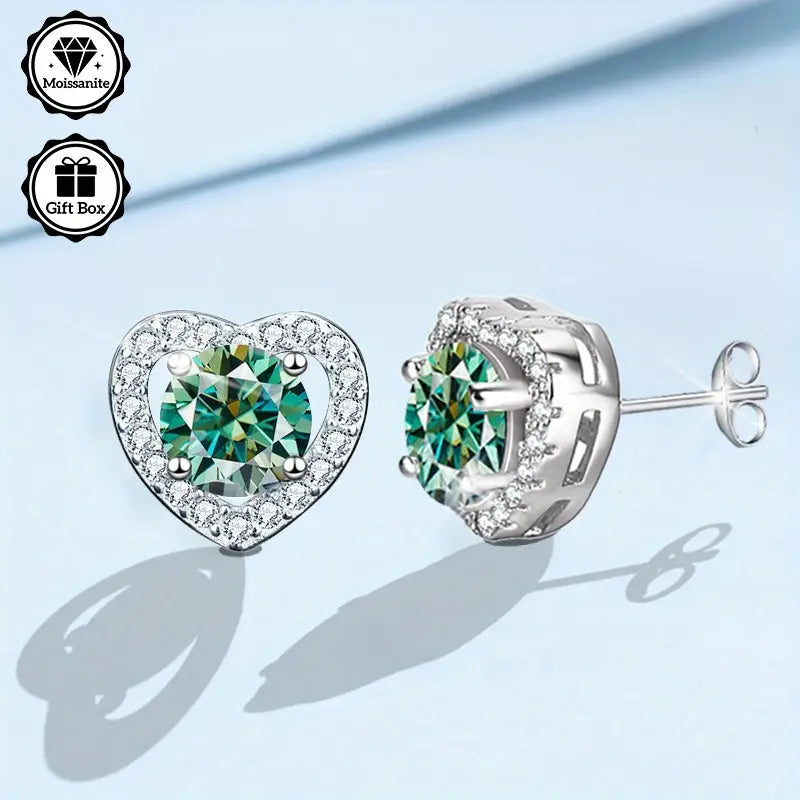 Sterling Silver 1ct Blue/Green Moissanite Heart Stud Earrings