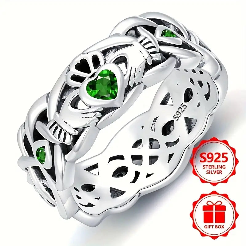 Sterling Silver Claddagh Unisex Green Cubic Zirconia Band Ring size N, P, R 1/2 or T 1/2