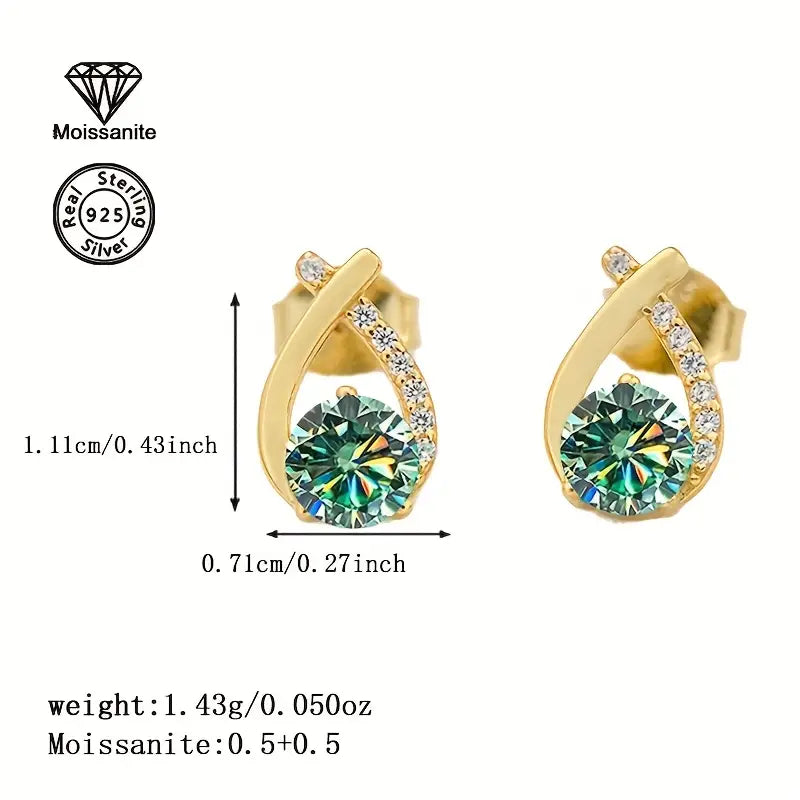 Sterling Silver Yellow Gold Plated 0.5ct Blue/Green Moissanite Stud Earrings