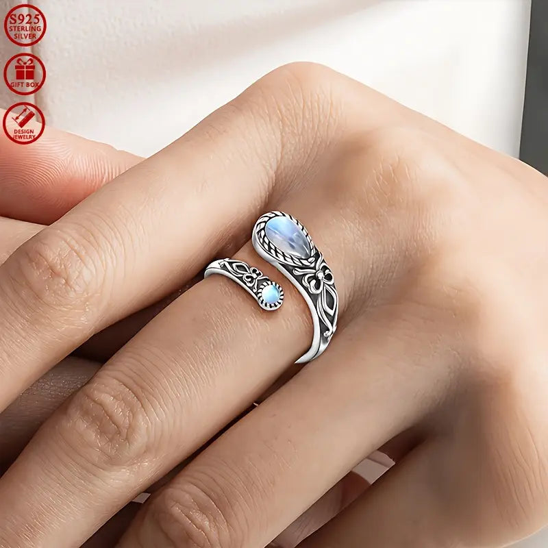 Sterling Silver Moonstone Patterned Spoon Ring (Adjustable N-T)