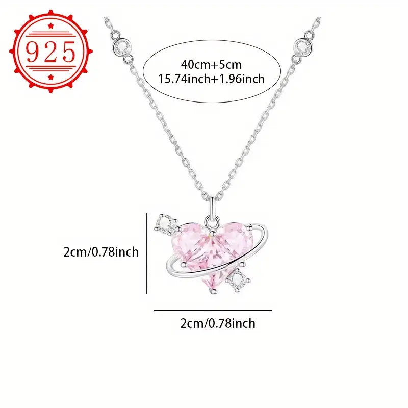 Sterling Silver Cubic Zirconia Pink Heart Pendant & Chain