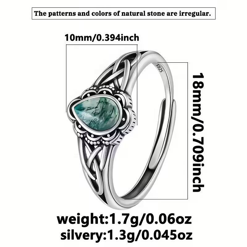 Sterling Silver Celtic Teardrop Moss Agate Celtic Ring Adjustable Q-T