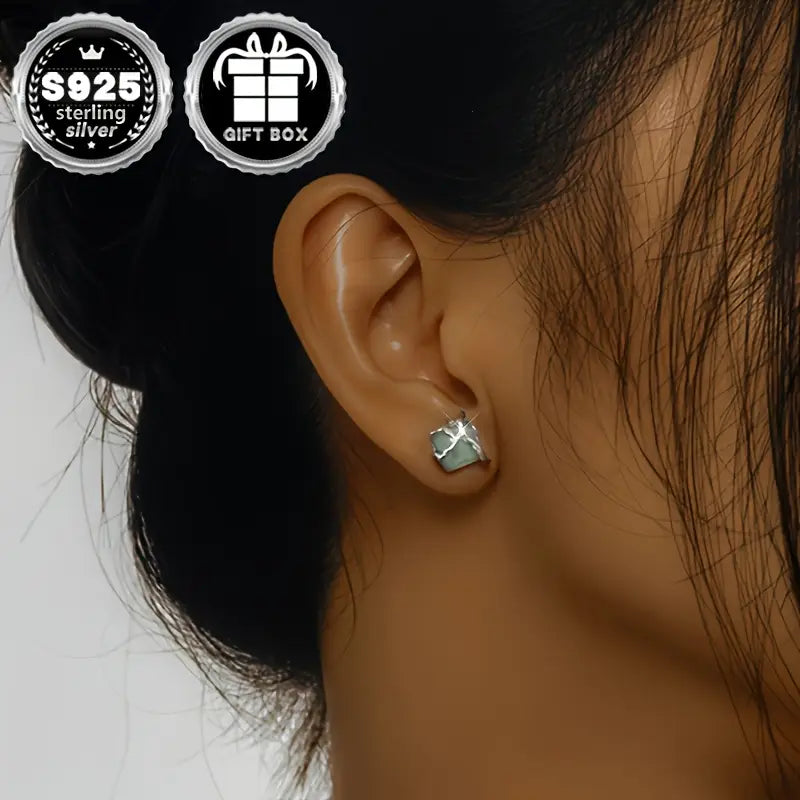 Sterling Silver Square Synthetic Jade Stud Earrings