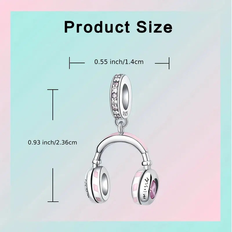 Sterling Silver Headphones Pink Cubic Zirconia Bead Charm