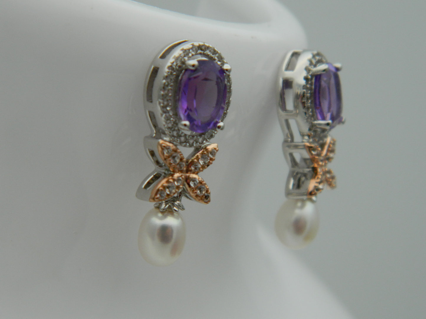 Clogau Sterling Silver & 9ct Rose Gold Superbloom Amethyst & Pearl Earrings RRP £330.00