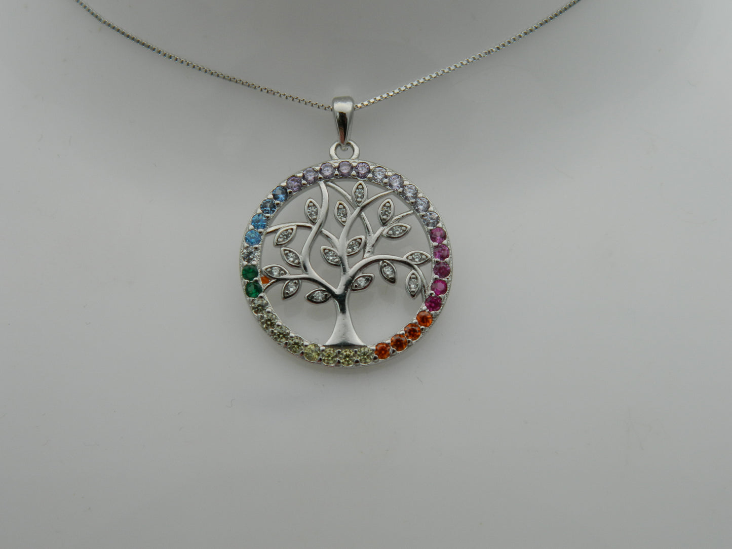 Sterling Silver Tree of Life Multicoloured Cubic Zirconia Pendant & Chain
