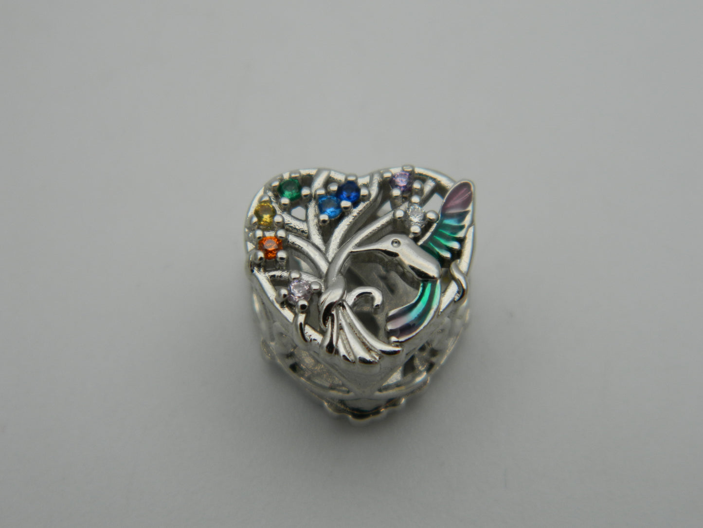 Sterling Silver Hummingbird Multi Coloured Cubic Zirconia Heart Bead Charm