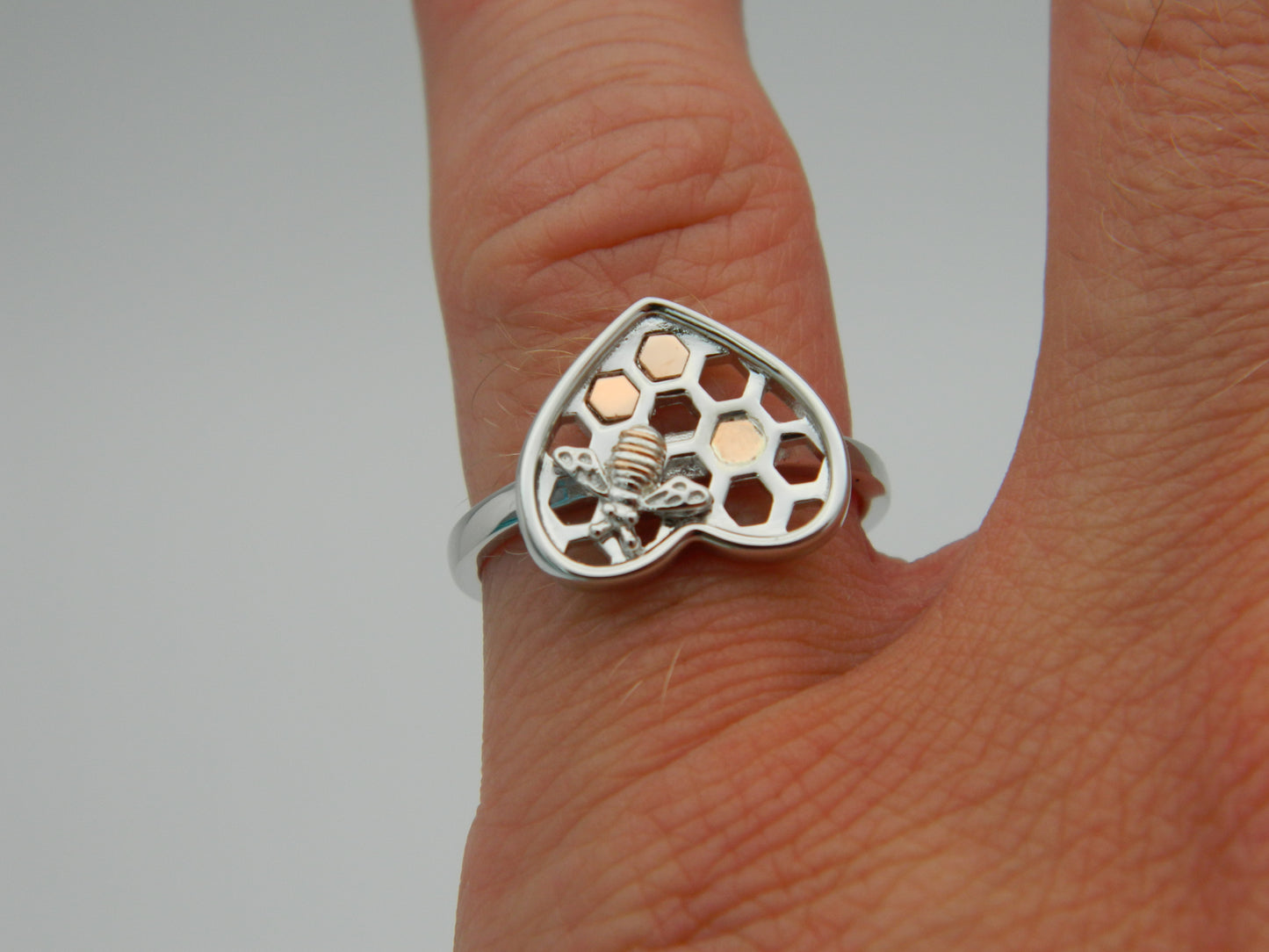 Clogau Sterling Silver & 9ct Rose Gold Honey Bee Honeycomb Heart Ring size N or P