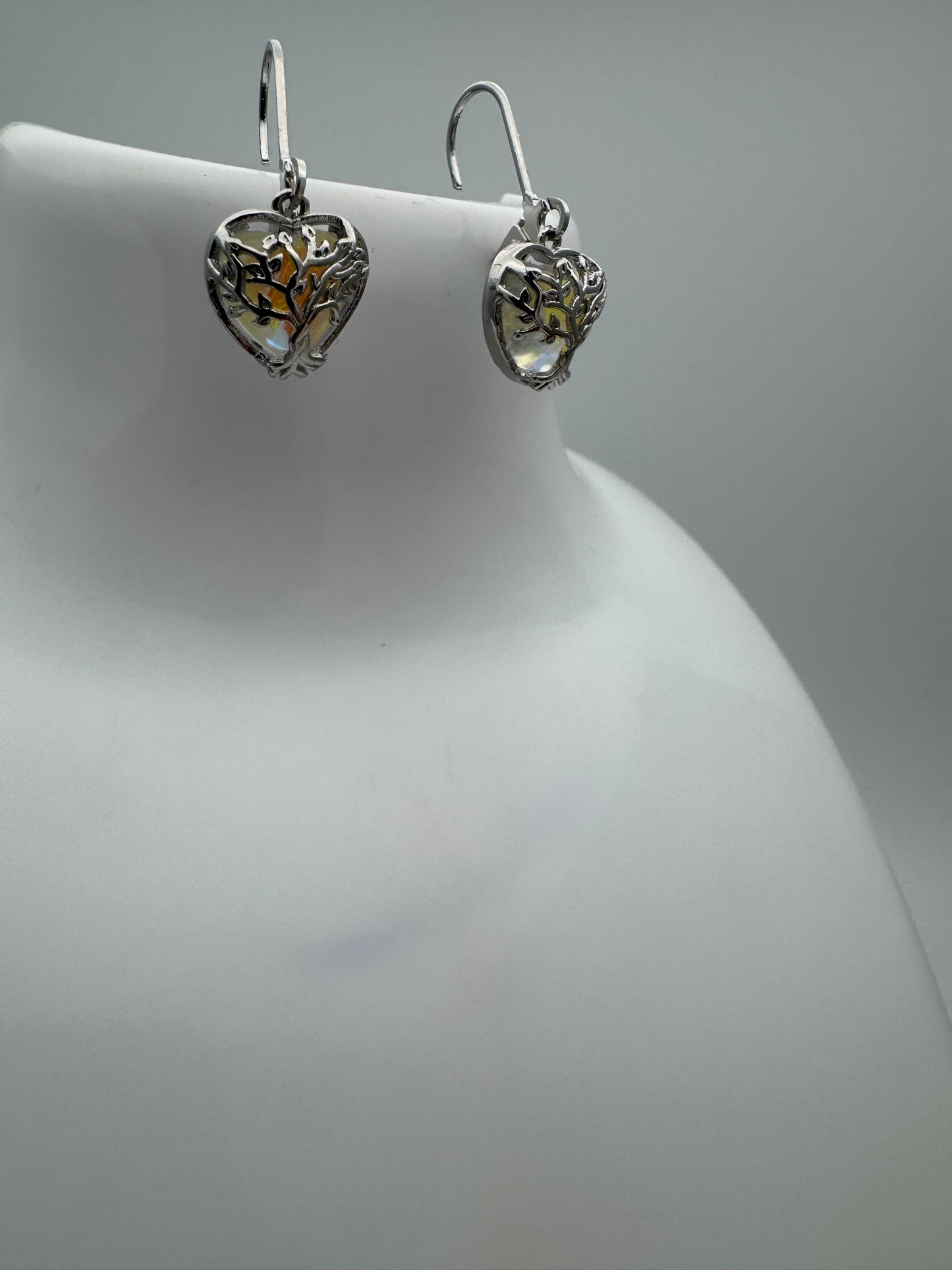 Sterling Silver Tree of Life Moonstone Heart Drop Earrings