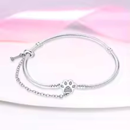 Sterling Silver Dog Paw & Bone CZ Snake Chain Bead Charm Bracelet 17cm