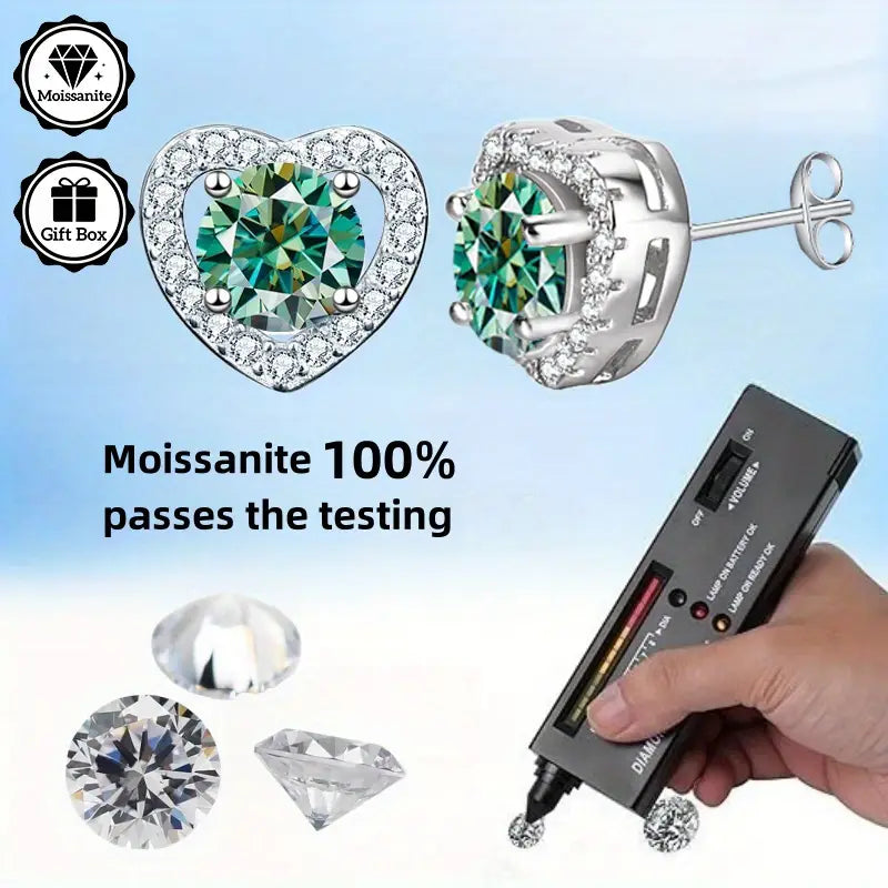 Sterling Silver 1ct Blue/Green Moissanite Heart Stud Earrings