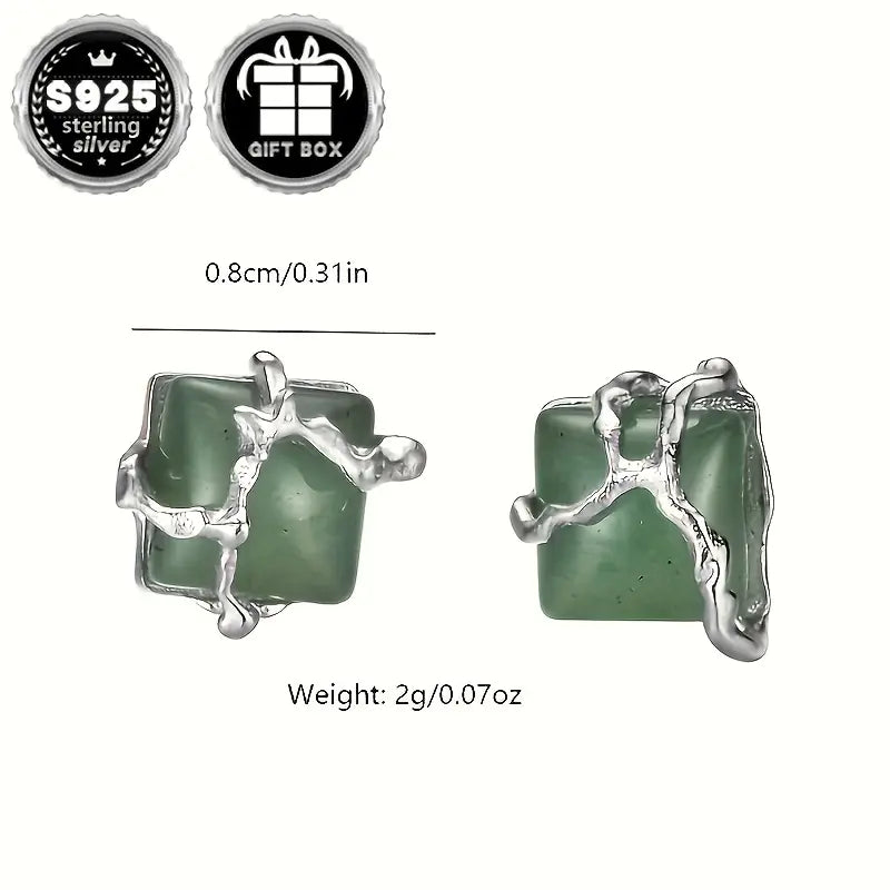 Sterling Silver Square Synthetic Jade Stud Earrings