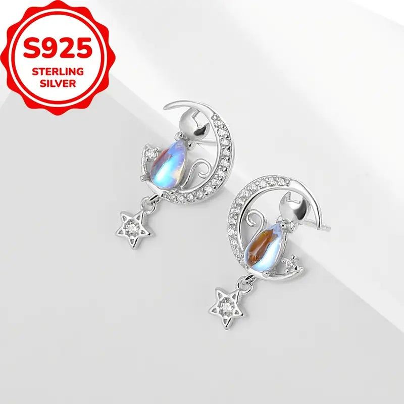 Sterling Silver Moonstone Cubic Zirconia Cat, Moon & Star Stud Earrings