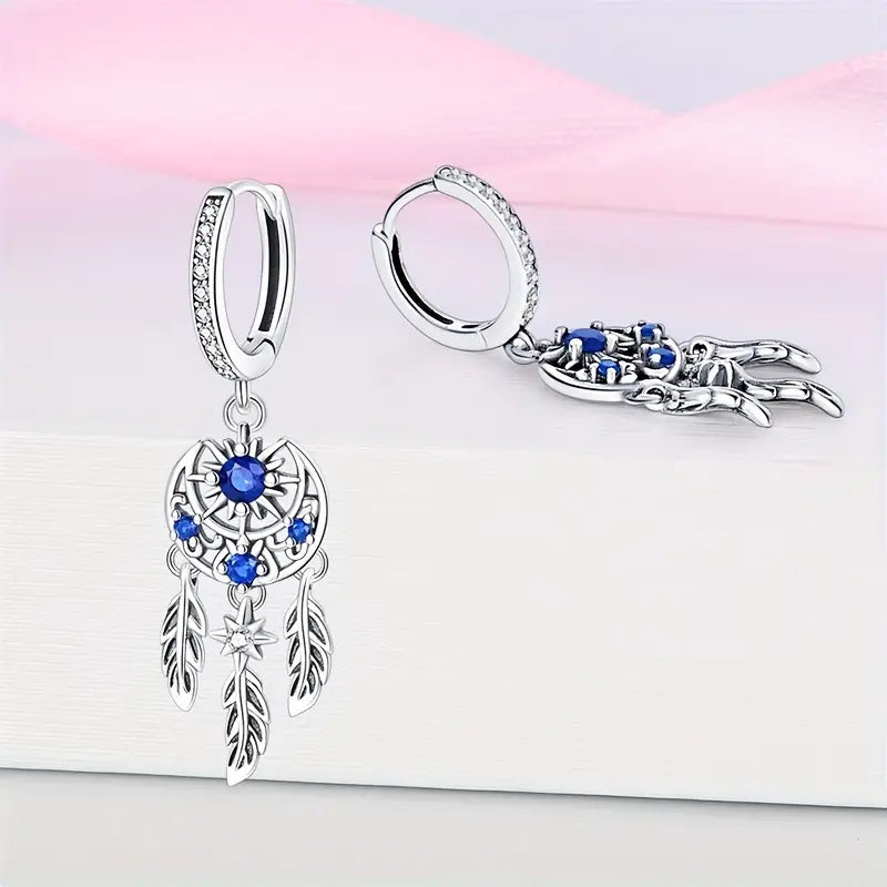 Sterling Silver Dreamcatcher Blue CZ Crescent Moon & Sun Hoop Drop Earrings