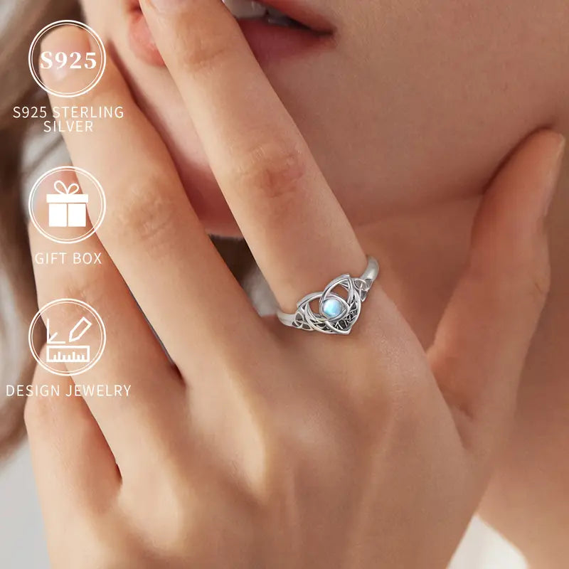 Sterling Silver Celtic Trinity Knot Crescent Moon Moonstone Ring size O, S, T 1/2 or U 1/2