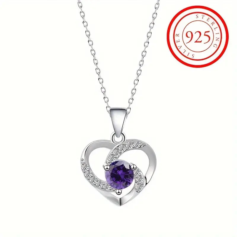 Sterling Silver Purple Cubic Zirconia Heart Pendant & Chain