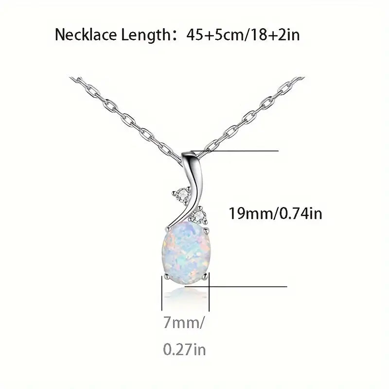 Sterling Silver Oval Opal & Cubic Zirconia Pendant & Chain