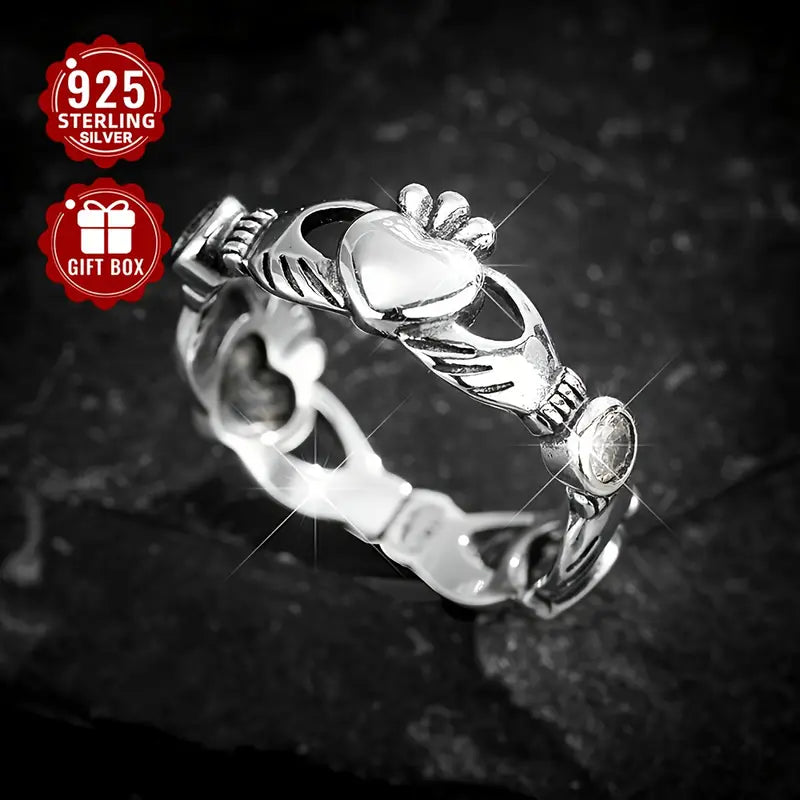Sterling Silver Claddagh White Cubic Zirconia Heart Ring Adjustable P-T