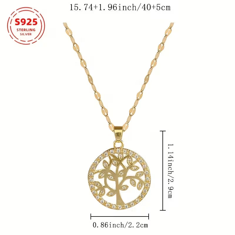 Yellow Gold Plated Sterling Silver Tree of Life Circle CZ Pendant & Chain