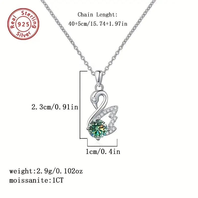 Sterling Silver 1ct Blue/Green Moissanite Swan Pendant & Chain