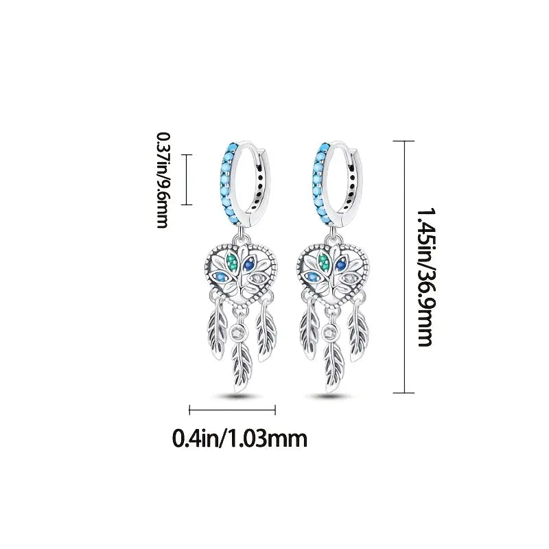 Sterling Silver Dreamcatcher Cubic Zirconia Hoop Drop Earrings