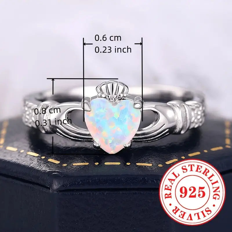 Sterling Silver Claddagh Opal Heart Ring size L 1/2, N 1/2, Q, S or T 1/2