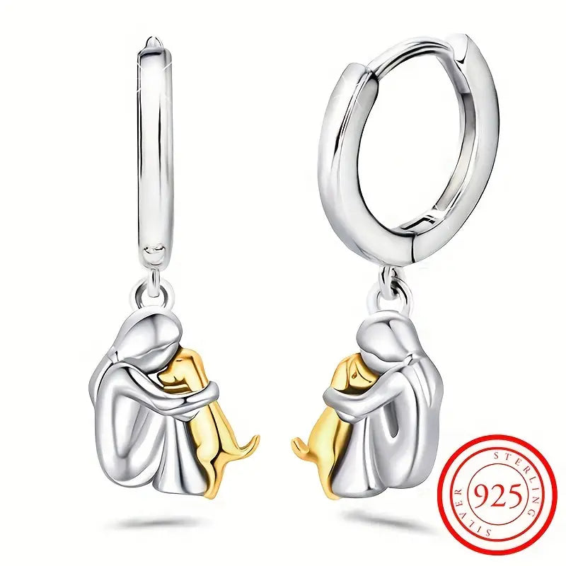 Sterling Silver Two Tone (Yellow) Cuddling Dog Drop Earrings