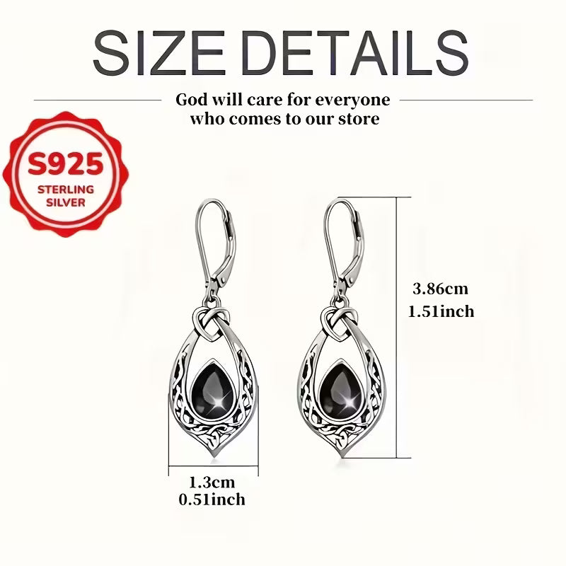 Sterling Silver Celtic Knot Black CZ Teardrop Drop Earrings