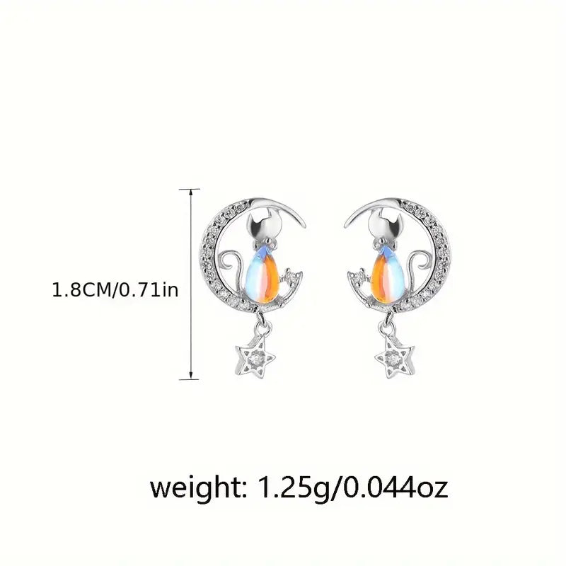 Sterling Silver Moonstone Cubic Zirconia Cat, Moon & Star Stud Earrings