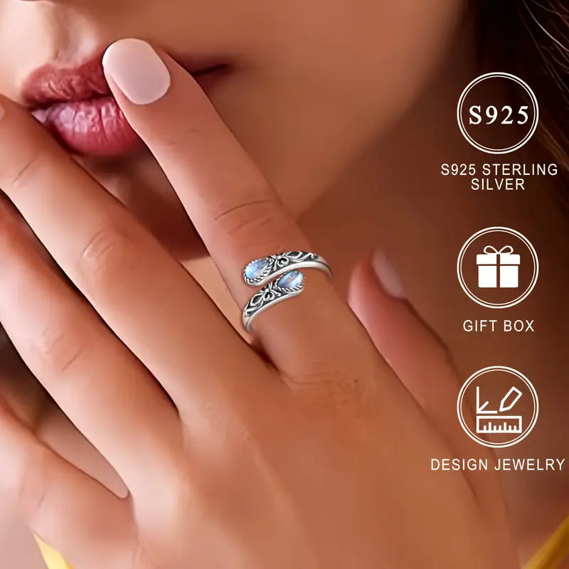 Sterling Silver Adjustable Teardrop Moonstone Patterned Spoon Ring
