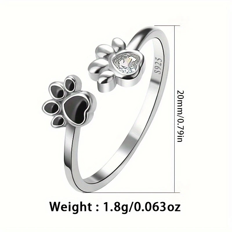Sterling Silver Paw Prints Heart Cubic Zirconia Ring (Adjustable N-S)