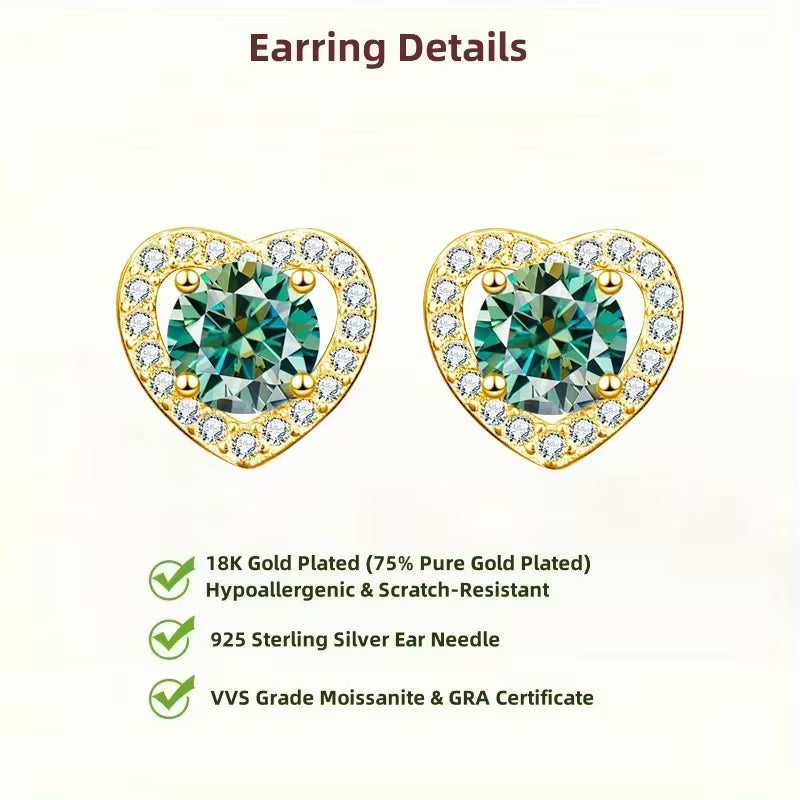 Yellow Gold Plated Sterling Silver 1ct Imperial Yellow Moissanite Heart Stud Earrings
